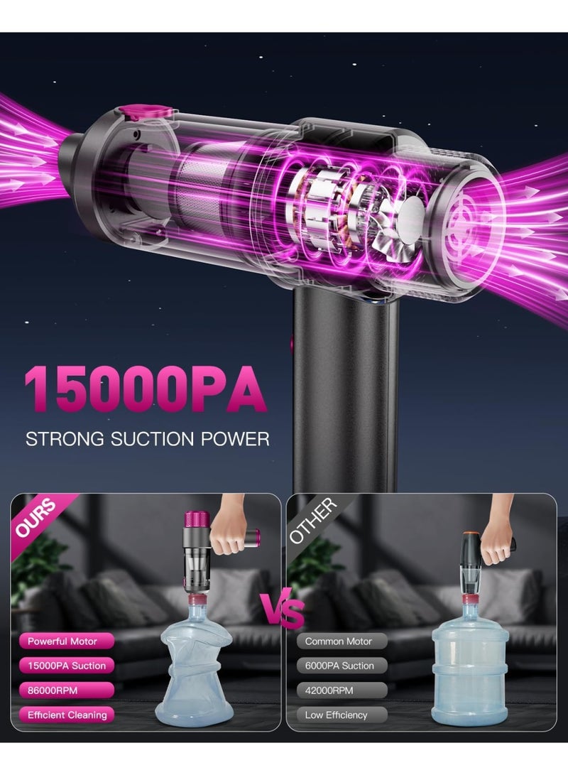 مكنسة كهربائية محمولة للسيارة بدون سلك، قوة شفط عالية 15000PA، مكنسة سيارة ومنفاخ هواء، 4 في 1 صغيرة محمولة مع ضوء LED، مكنسة كهربائية يدوية للسيارة والمنزل والمكتب - Image 2